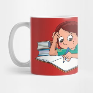 girl is sitting next to the books and writing in a notebook with a pencil Mug